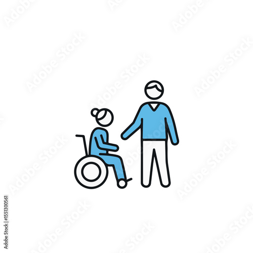 An illustration depicting a person assisting an individual in a wheelchair, highlighting support and care.