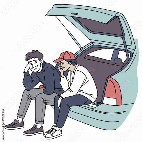 Contemplative companionship, two friends share stories within an open car trunk