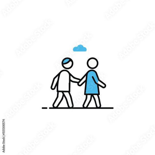 Two individuals, illustrated, holding hands, walking under a cheerful cloud.