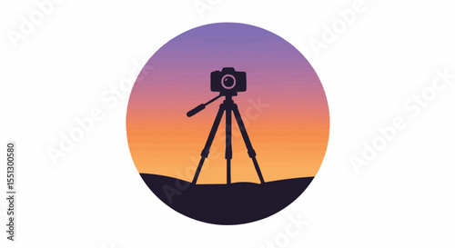 A camera with a tripod at sunset silhouette.