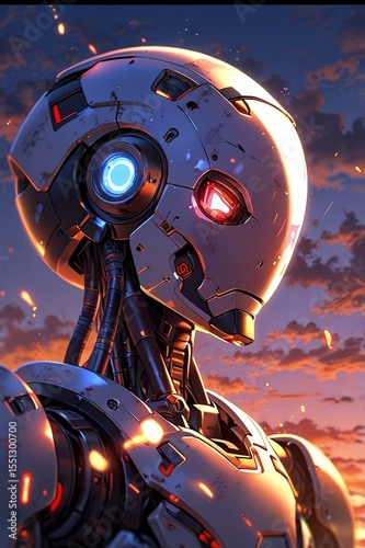 Close-up of a futuristic humanoid robot in the city street
