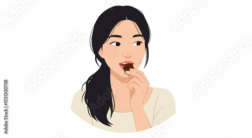 A woman enjoying a piece of chocolate