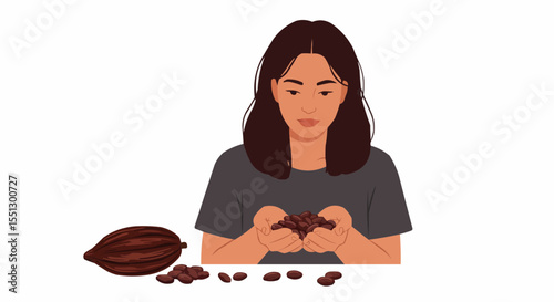A person in the image is holding a handful of cacao beans, inspecting them with care. A single cacao fruit sits nearby. 