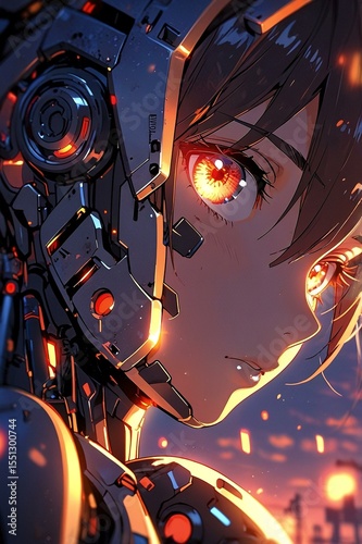 Close-up of a futuristic humanoid robot in the city street