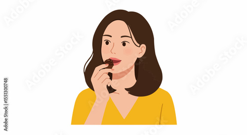 Woman savoring a piece of chocolate, enjoying the moment.