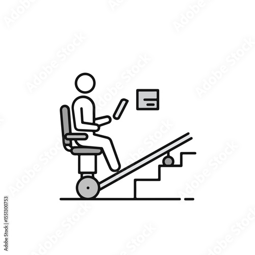 A person on a wheelchair with a laptop going up on the staircase.