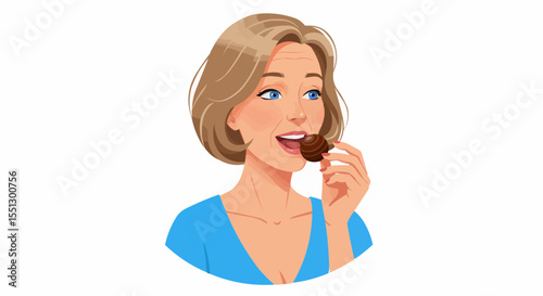 A delighted woman enjoys a chocolate delicacy. 