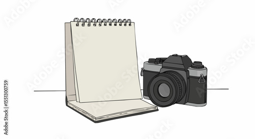 A drawing of a camera and notepad.