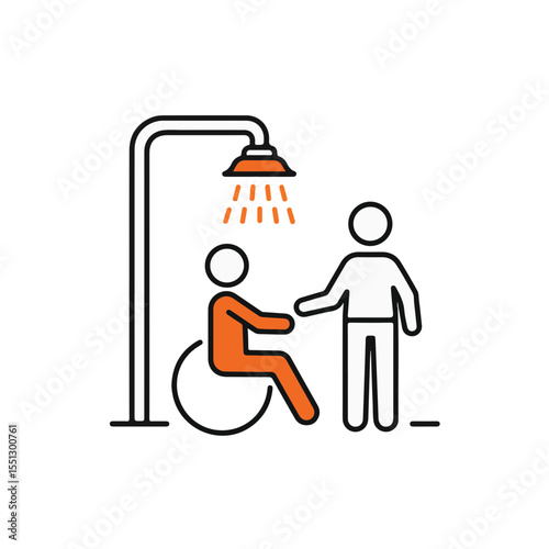 Person in wheelchair showering with assistance.