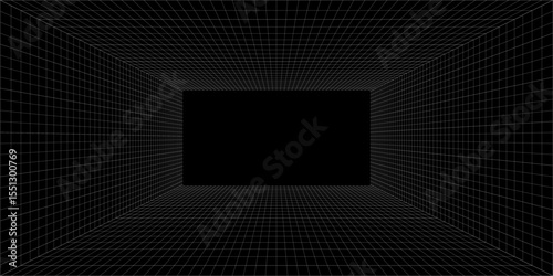 Futuristic perspective grid box. Abstract wireframe with white grid line on black background. Virtual reality landscape in 80s 90s digital style. Vector