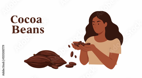Cocoa bean with woman illustration.