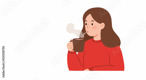 A woman enjoys a cup of hot coffee in a cozy setting.
