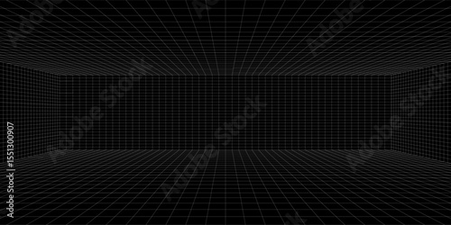 Futuristic perspective grid box. Abstract wireframe with white grid line on black background. Virtual reality landscape in 80s 90s digital style. Vector