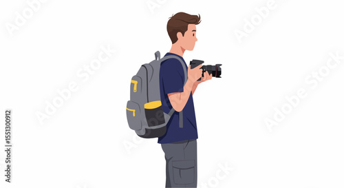 Young photographer with backpack taking photos.