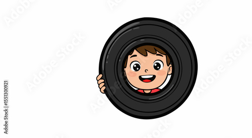 A cheerful child peering through a large tire.