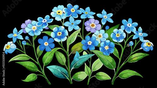 watercolor, several forget-me-nots with green leaves, a black background