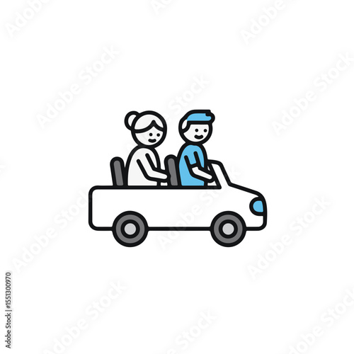 An illustration of a couple enjoying a ride in a car. 