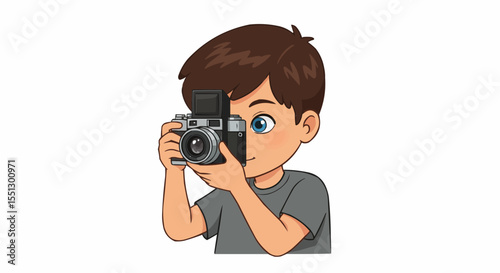 A young boy enthusiastically taking photos with his vintage camera.
