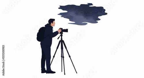 Photographer capturing the sky, using camera and tripod. 
