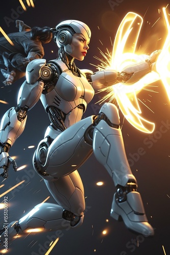 Futuristic Female Warrior in Armor Holds Glowing Sword and Shield Post Apocalyptic Landscape