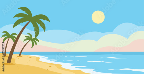 Flat style tropical beach with palm trees, pastel sky, soft clouds, blue ocean, and yellow sun.