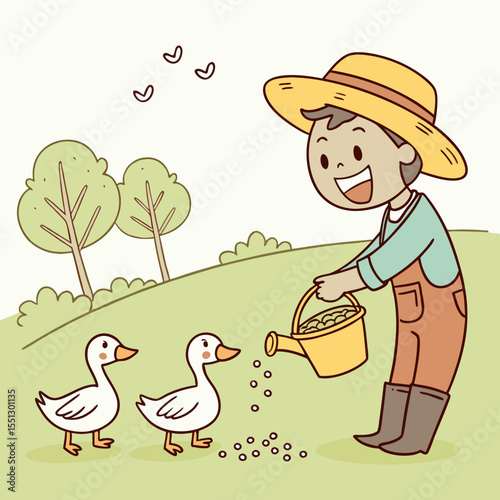 Happy farmer feeding ducks with grain in a serene countryside setting illustration