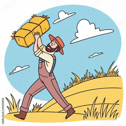 Farmer carrying hay bales in rural landscape during harvest season illustration