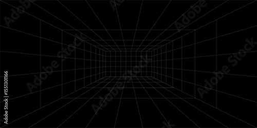 Futuristic perspective grid box. Abstract wireframe with white grid line on black background. Virtual reality landscape in 80s 90s digital style. Vector