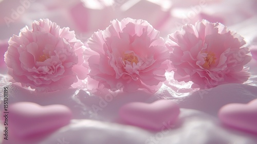 Three pink carnations on silk, heart candies below