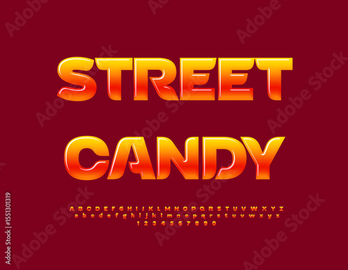 Vector Glossy Advertisement Sweet Candy. Trendy Stylish Font. Sweet Digital Alphabet Letters and Numbers.