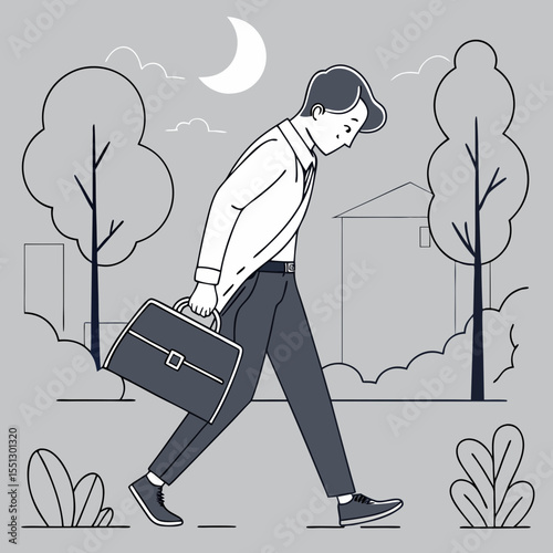Contemplative journey: A man's pensive walk under the moonlit night, burdened by responsibilities