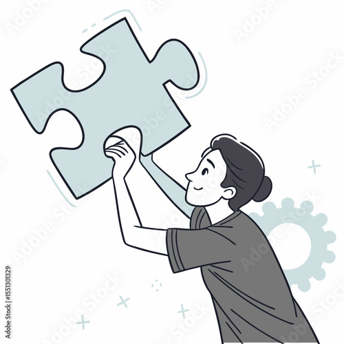 Illustrative depiction of a woman solving a complex jigsaw puzzle with determination