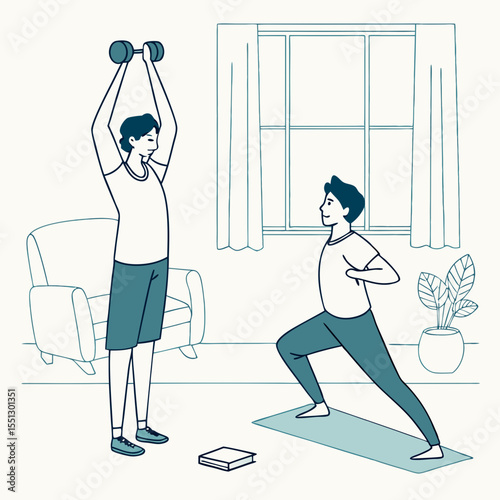 Home fitness routine: illustrated workout scene featuring two individuals exercising