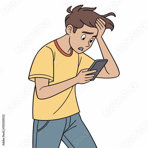 Cartoon illustration of a worried young man with smartphone showing distress