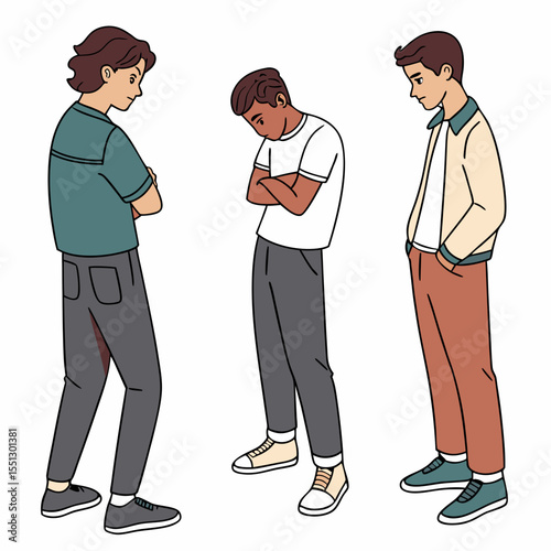 Illustration of Three Young Men Displaying Varying States of Frustration and Discomfort