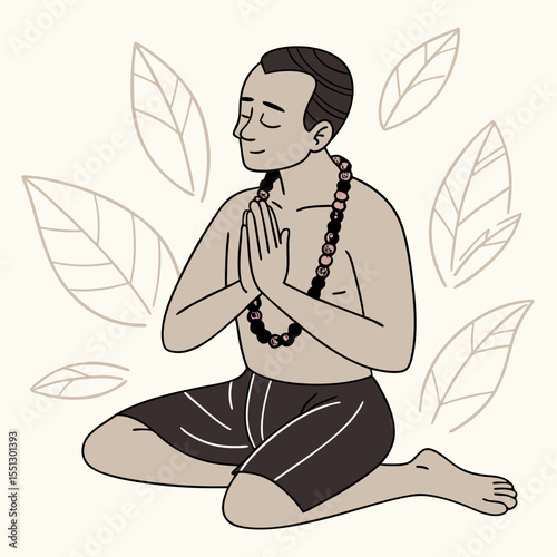 Meditative figure in contemplative pose with nature-inspired backdrop illustration