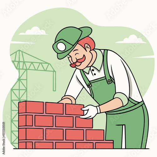 Cartoon Builder Laying Bricks on a Construction Site with Crane Illustration