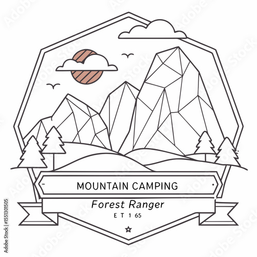 Geometric mountain range illustration with camping theme and minimalist design
