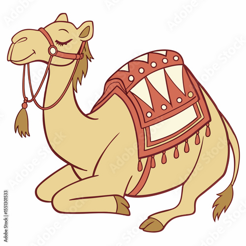 Stylized camel illustration resting with ornamental saddle and headwear