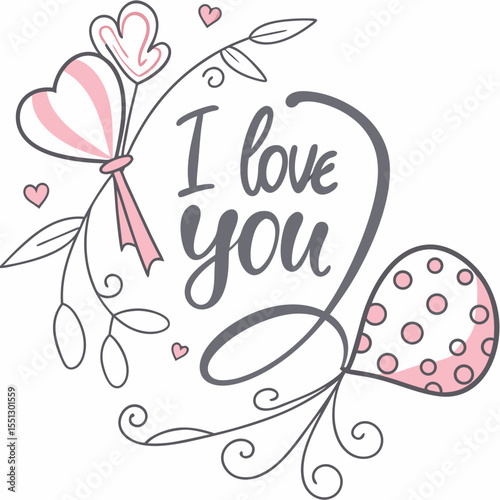 Elegant declaration of love illustrated with hearts, curls and ornamentals