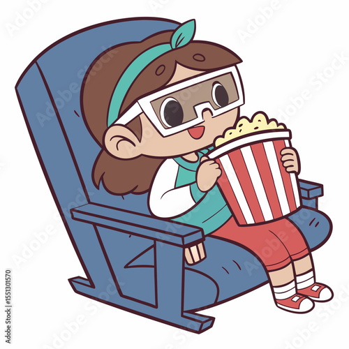 Cartoon girl enjoying movie with popcorn in theater seat illustration