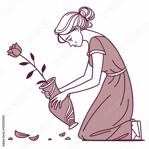 Sorrowful figure mending broken vase, reflecting loss and fleeting beauty