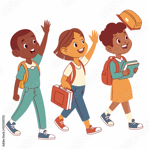 Diverse group of cheerful school children walking together with backpacks