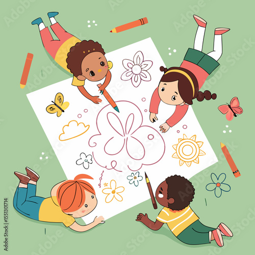 Diverse children engaged in collaborative drawing activity emphasizing creativity