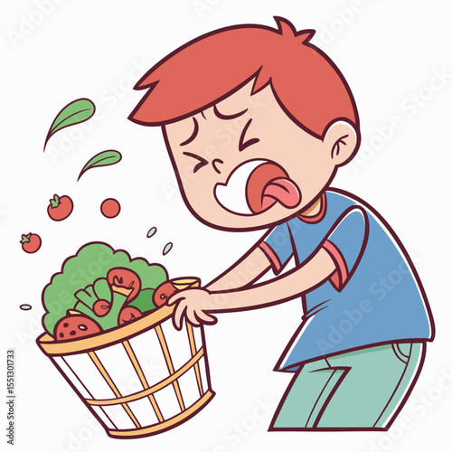 Cartoon Boy's Disgust at a Basket of Vegetables: Food Aversion Illustration