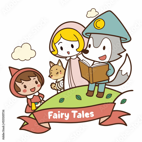 Whimsical depiction of a storybook scene with fairy tale characters reading