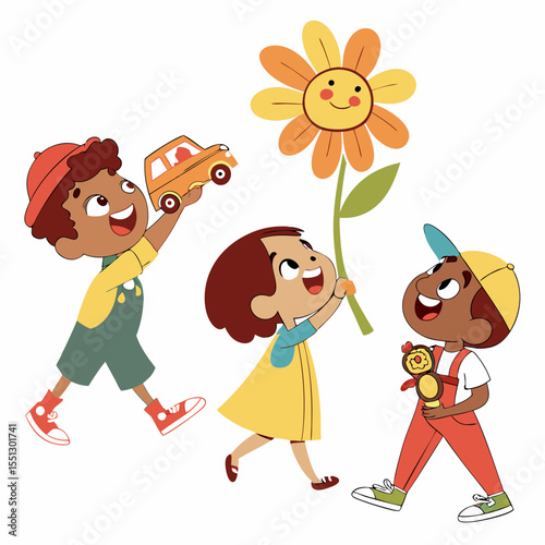 Whimsical children's illustration: Playful kids with a flower, car and teddy bear