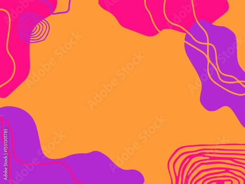 Abstract background with smooth shapes, wavy lines, textures and spots. Empty space in the center. Bright colors: orange, purple, pink.