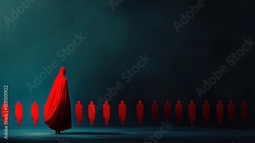 A solitary figure in a red cloak stands before a row of shadowy silhouettes, evoking mystery.