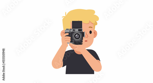 Young photographer capturing a moment with a classic camera.